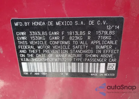 2015 Honda Fit Lx z USA, uszkodzony, nr VIN 3HGGK5H52FM757219